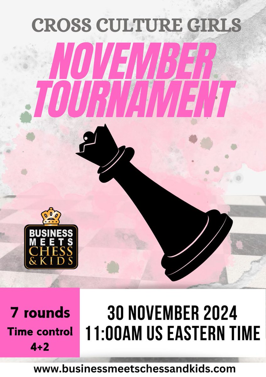 Hannah Mawejje (@hannahmawejje) on Twitter photo You don't want to miss out on this one!!!Inviting all the girls around to join in and play.
Venue:chess.com
Date:30th November
Time control:4+2
Spread the word!!!Tell a friend to tell a friend...can't wait🥳
<a href="/MeetsKids/">Business Meets Chess & Kids</a> You don't want to miss out on this one!!!Inviting all the girls around to join in and play.
Venue:chess.com
Date:30th November
Time control:4+2
Spread the word!!!Tell a friend to tell a friend...can't wait🥳
<a href="/MeetsKids/">Business Meets Chess & Kids</a>