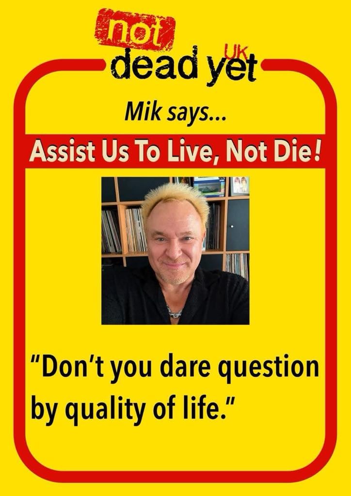 I think most of my followers know my feelings on Assisted Dying/Suicide but if not, I have no moral issue with the concept. Just until sick &amp; disabled people have access to #AssistedLiving &amp; a society that sees their value, we're not ready. Not by a long chalk atm