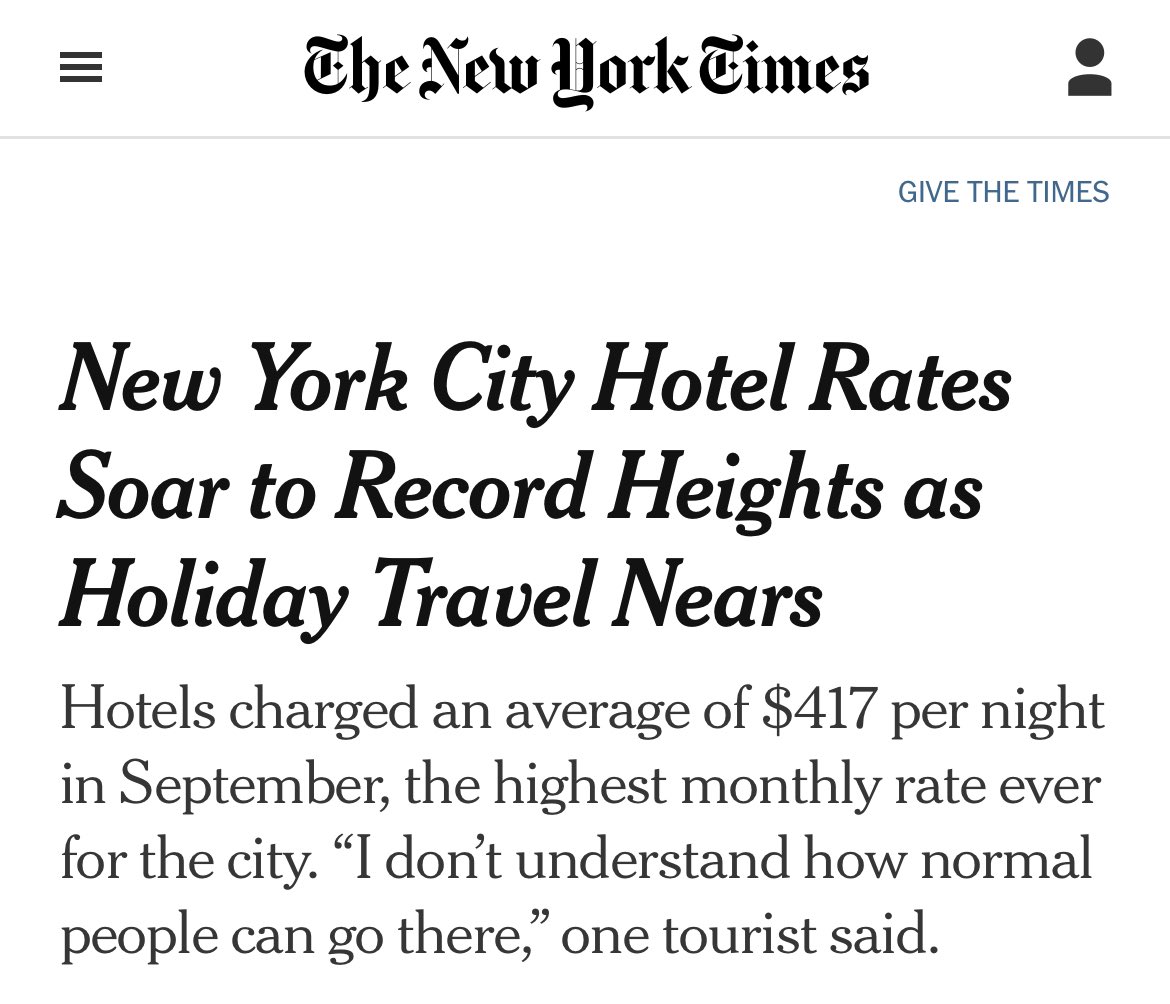 Average hotel rate in New York City is now $417 a night

Hotel industry lobbyists sure earned their pay after they got Airbnb banned 😂
