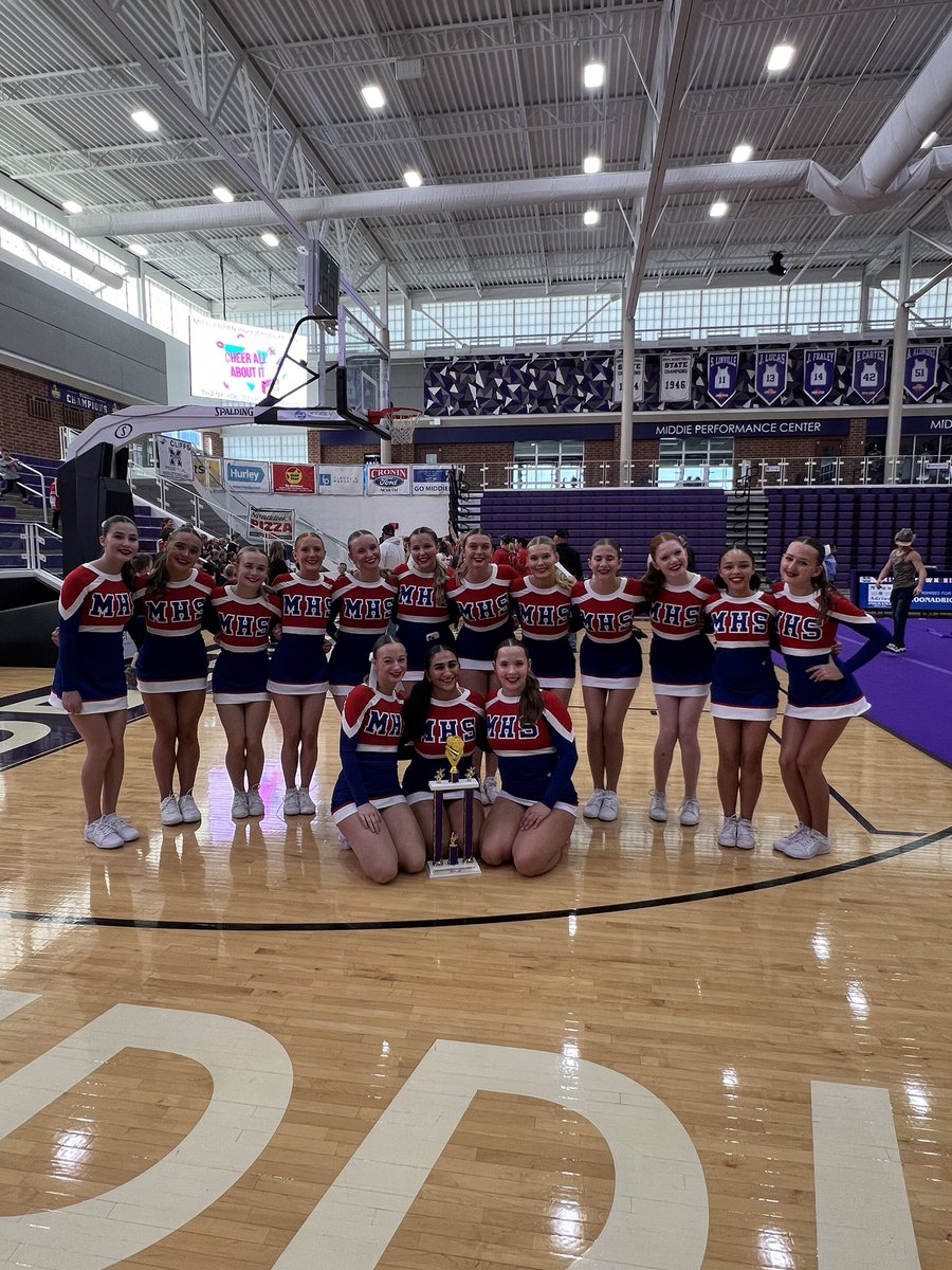 MHS Traditional takes the mat for the first time this season 🥇 Along with hitting zero for their stunts, peep! 👀 new uniforms made an appearance 🦁♥️💙