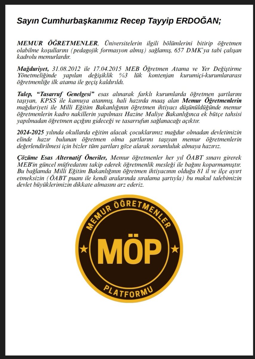 <a href="/sdaolgun/">Seda Olgun</a> Eğitim fakültesi mezunu olup, şu anda kamu kurumlarında memur olarak görev yapan memur öğretmenler MEB'e  geçiş hakkının yeniden tanınmasını istiyor.
#TasarruftaÇareMemurÖğretmen
#MemurÖğretmenler Platformu olarak sonsuz teşekkür ederiz Seda Hanım <a href="/sdaolgun/">Seda Olgun</a> <a href="/talatyavuz29/">Talat YAVUZ</a>