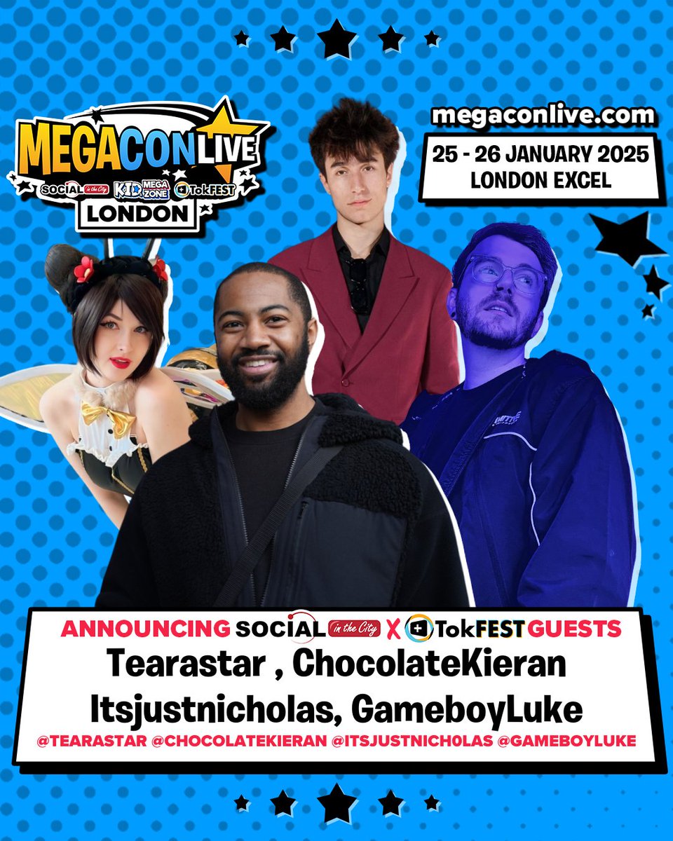megaconlive's tweet photo. Thrilled to announce @Tearastar, @ChocolateKieran, @itsjustnich0las &amp; @GameboyLuke are joining our Creator Lineup at @MegaConLive London! 

Catch panels / meets in our @SitC &amp; ToKFEST area! Don’t miss it! 25-26 Jan, London ExCeL! 🎟️ Tickets: https://t.co/FeCRf3vyNI! #MegaConLive https://t.co/KOouTxwEX5