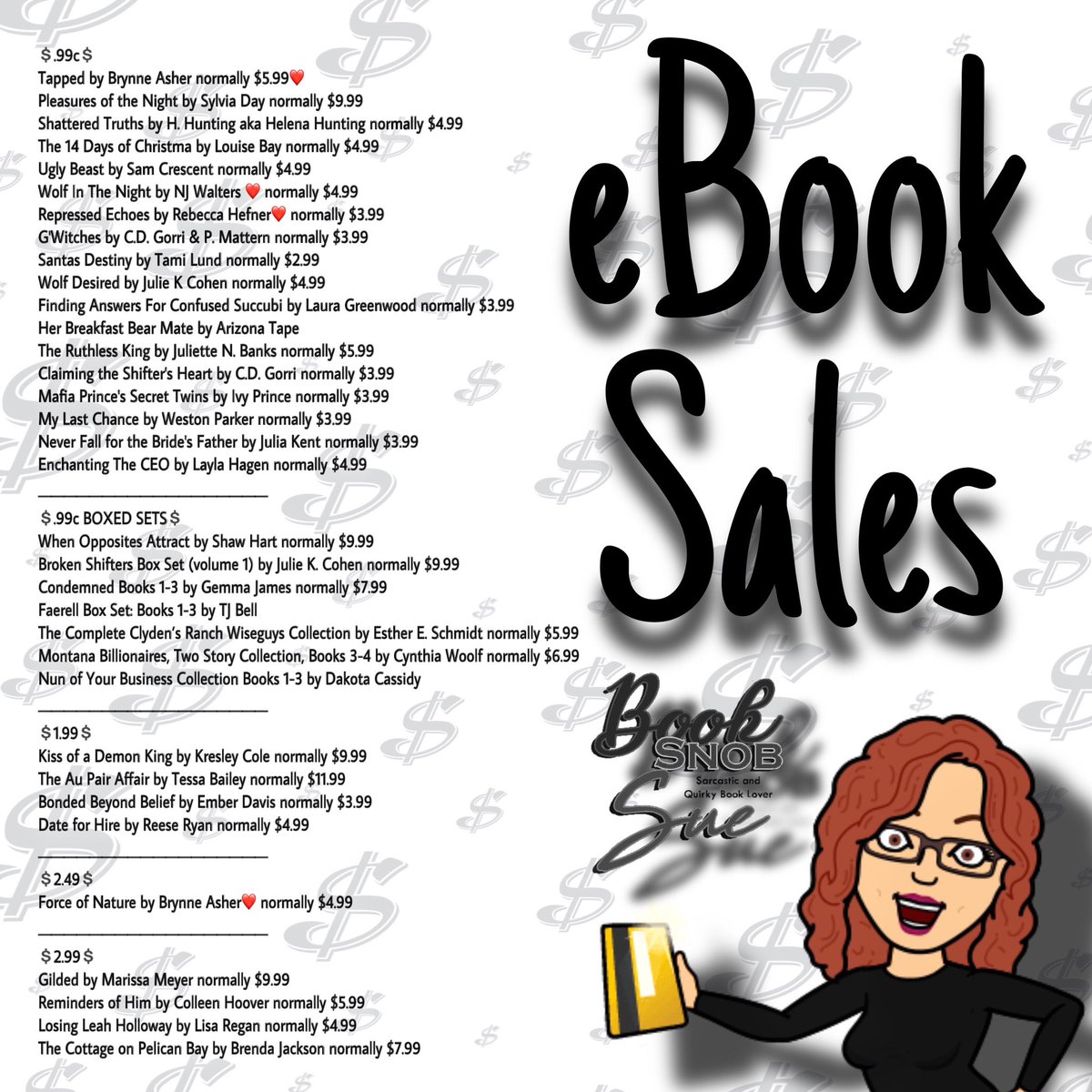Book Snob Sue (@booksnobsue) on Twitter photo 💲EBOOK SALES💲LIMITED TIME💲
<a href="/BrynneAsher/">Brynne Asher</a> ❤️
<a href="/SylDay/">S͟͟Y͟͟L͟͟V͟͟I͟͟A͟͟ D͟͟A͟͟Y͟͟ ✍🏼</a>
<a href="/HelenaHunting/">Helena Hunting</a>
<a href="/njwaltersauthor/">N.J. Walters</a> ❤️
<a href="/RebHefnerAuthor/">Rebecca Hefner - Sexy Vamps & Steamy Sci-Fi🤓🧛❤️</a> ❤️
<a href="/cgor22/">CD Gorri, Steamy Romance Author (PNR, Dark, Humor)</a>
<a href="/JulieKCohen/">Julie K Cohen</a>
<a href="/julzbanks/">Julz</a>
<a href="/authorshawhart/">Shaw Hart</a>
@tjbellauthor
<a href="/kresleycole/">Kresley Cole</a>
@mstessabailey
<a href="/ReeseRyanWrites/">Reese Ryan is over on 🌌 and 🧵 .</a>
<a href="/colleenhoover/">Colleen Hoover</a>
facebook.com/share/p/19KyJU… 💲EBOOK SALES💲LIMITED TIME💲
<a href="/BrynneAsher/">Brynne Asher</a> ❤️
<a href="/SylDay/">S͟͟Y͟͟L͟͟V͟͟I͟͟A͟͟ D͟͟A͟͟Y͟͟ ✍🏼</a>
<a href="/HelenaHunting/">Helena Hunting</a>
<a href="/njwaltersauthor/">N.J. Walters</a> ❤️
<a href="/RebHefnerAuthor/">Rebecca Hefner - Sexy Vamps & Steamy Sci-Fi🤓🧛❤️</a> ❤️
<a href="/cgor22/">CD Gorri, Steamy Romance Author (PNR, Dark, Humor)</a>
<a href="/JulieKCohen/">Julie K Cohen</a>
<a href="/julzbanks/">Julz</a>
<a href="/authorshawhart/">Shaw Hart</a>
@tjbellauthor
<a href="/kresleycole/">Kresley Cole</a>
@mstessabailey
<a href="/ReeseRyanWrites/">Reese Ryan is over on 🌌 and 🧵 .</a>
<a href="/colleenhoover/">Colleen Hoover</a>
facebook.com/share/p/19KyJU…