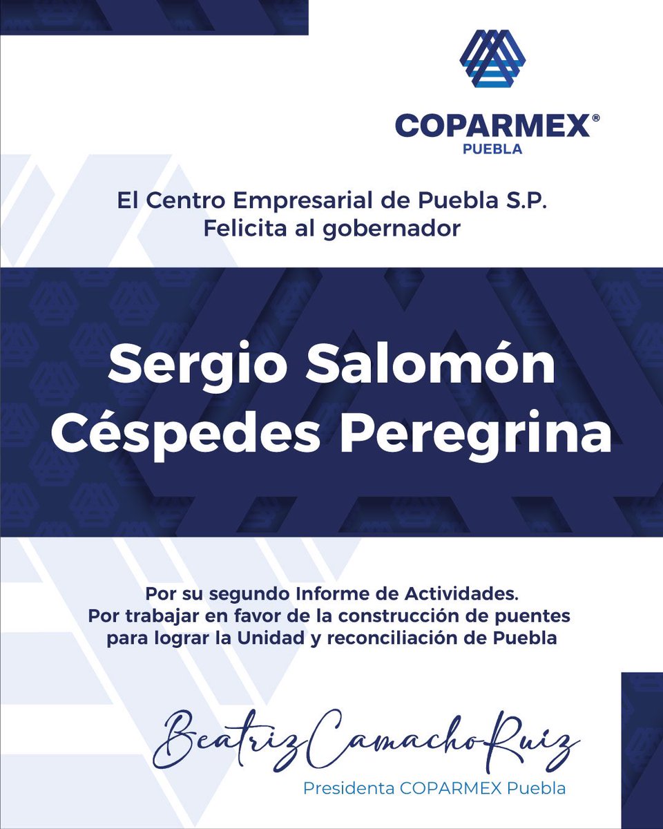 Beatriz Camacho Ruíz (@coparmexpdtepue) on Twitter photo Desde #COPARMEXPuebla, felicitamos al gobernador <a href="/SergioSalomonC/">Sergio Salomón</a> por la presentación de su Segundo Informe de Gobierno.
Celebramos los resultados obtenidos y reafirmamos nuestro compromiso de trabajar de la mano para construir un Puebla más unido y fuerte.
Por más y mejores Desde #COPARMEXPuebla, felicitamos al gobernador <a href="/SergioSalomonC/">Sergio Salomón</a> por la presentación de su Segundo Informe de Gobierno.
Celebramos los resultados obtenidos y reafirmamos nuestro compromiso de trabajar de la mano para construir un Puebla más unido y fuerte.
Por más y mejores