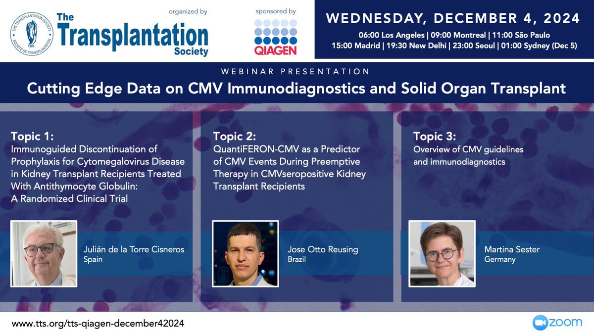 🌟 Save the date ➡️ TTS- <a href="/QIAGEN/">QIAGEN</a>  jointly present: Cutting Edge Data on CMV Immunodiagnostics and Solid Organ Transplant, moderated by Camille Kotton.   

Learn more 👉 tts.org/join-tts?id=15…  

🗣️ <a href="/KottonNelson/">Camille Nelson Kotton</a>, Julián de la Torre Cisneros, Jose O. Reusing Jr., Martina Sester