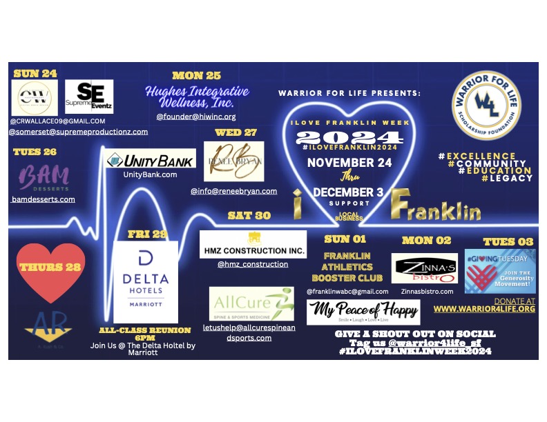 🥳 Calling all Warriors! Let's come together for a night of fun at The All Class Reunion on Friday, November 29th at 6 pm. Mark your calendars and spread the word! 🎉💼 #ILoveFranklinWeek2024 #CelebrateWarriorSpirit #WarriorCommunity #Warrior4life

wix.to/Dh0DLvO