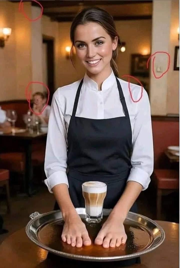bykellymcd's tweet image. People often ask me how to know for sure if an image was created by artificial intelligence. So I marked in the attached photo (in the red circles) some clues that make me suspect that it is a fabricated photo, although it cannot be said with absolute certainty in this case.