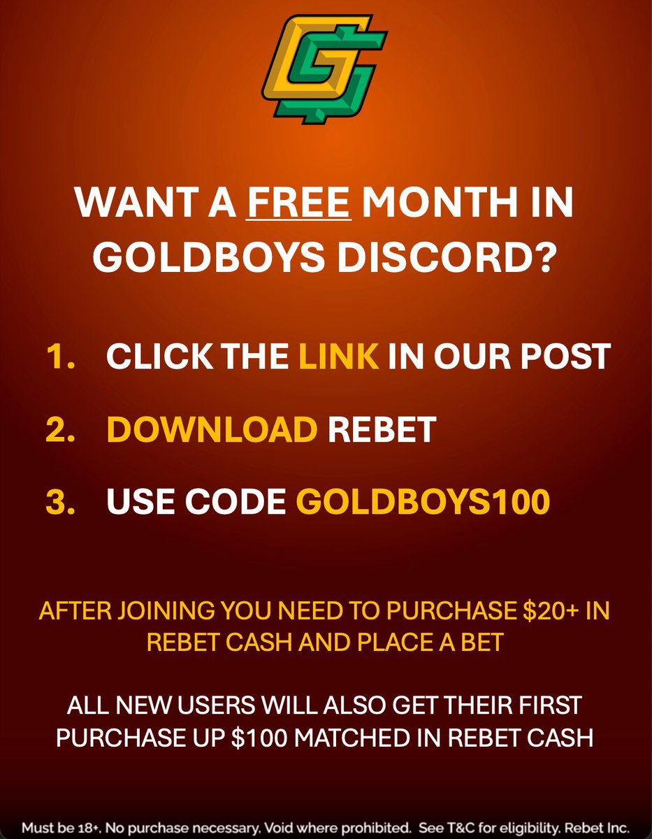 🚨 Limited Offer! 🚨

Get a FREE month in our Discord + $100 ReBet cash! 👀

ReBet is a Social SportsBook with player props &amp; game lines LIVE in 46 states! 🤩

How to claim:
1️⃣ Sign up with our link ⤵️
2️⃣ Buy $20 in ReBet cash 💰
3️⃣ Place a $20 bet! ✅

👉 flashpicks.bet/Rebet-GoldBoys