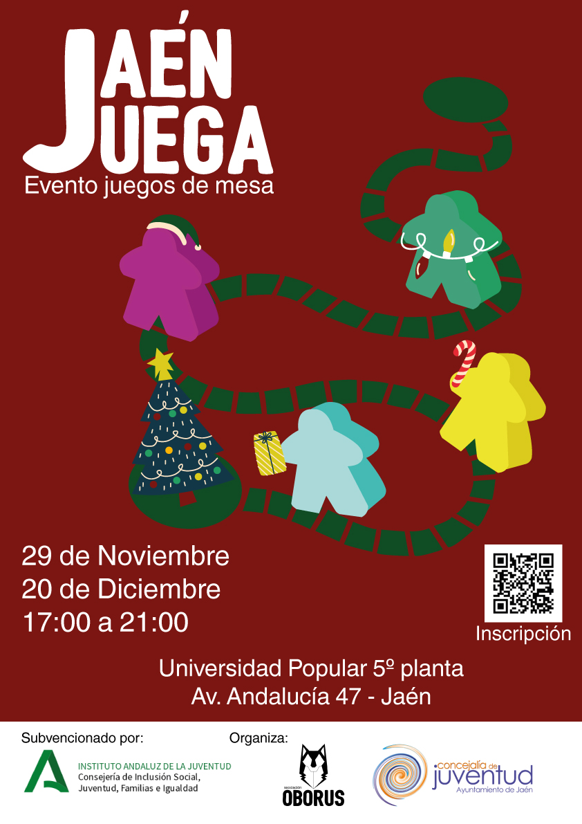 Oborus's tweet photo. Se agradece RT para difusión! 

¿Te gustan los juegos de mesa? ¿Buscas gente con la que jugar? ¿O simplemente quieres pasar una tarde distinta en Jaén?

Los próximos días 29 de Noviembre y 20 de Diciembre llegan nuestras tardes de juegos "Jaén Juega". Toda la info en comentarios https://t.co/lGCXRnNpeo