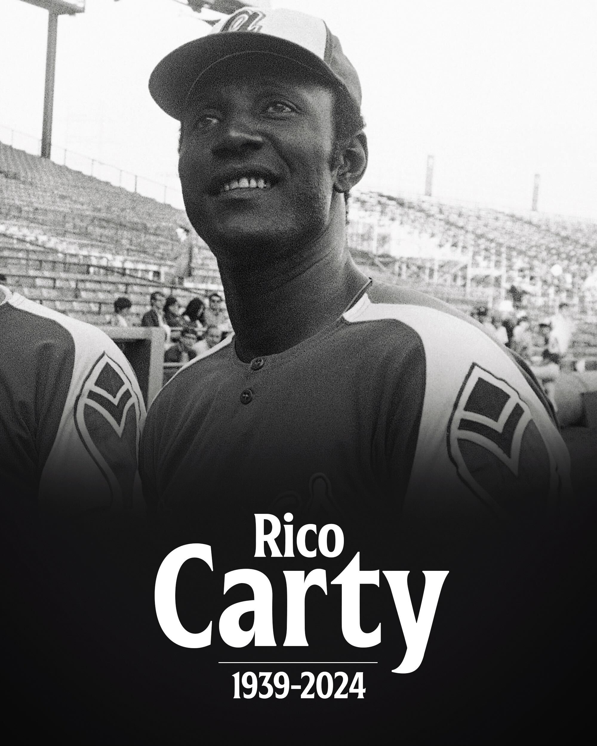 In memoriam, Rico Carty 1939-2024 Pictured: A black and white photo of Rico Carty in a Braves uniform.