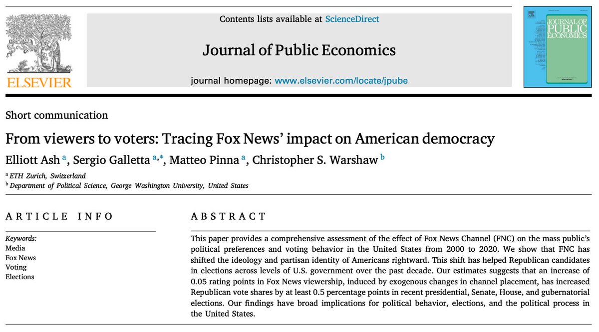 Just published in <a href="/JPubEcon/">Journal of Public Economics</a>:

"From Viewers to Voters: Tracing Fox News' Impact on American Democracy"

By <a href="/ellliottt/">Elliott Ash</a>, <a href="/sergallet/">S Galletta</a>, <a href="/matteopins/">Matteo Pinna</a>, &amp; <a href="/cwarshaw/">Chris Warshaw</a>.

sciencedirect.com/science/articl…