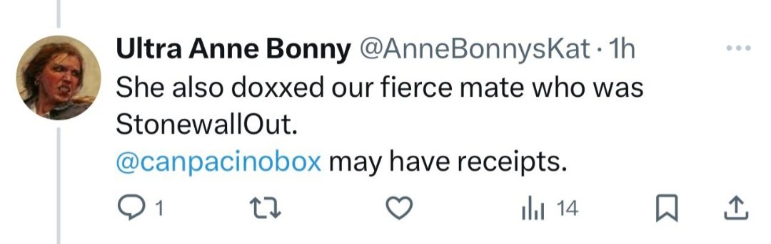 "Our fierce mate" StonewallOut ? Support for a malicious little demon who is a danger to other women. StonewallOut / Elizabeth Dawes was on perfectly friendly terms with Amanda before she came out of nowhere to dox her - SHE is the one who doxed Amanda. 

ACTUAL doxing, posting