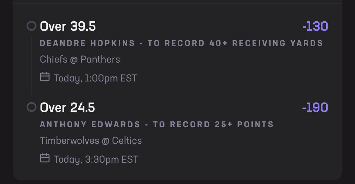 {🏀🏈Hard Rock Prop List🏀🏈}

Spencer Shrader O 1.5 FGM
Minnesota Timberwolves +9.5 
Brandin Aubrey O 1.5 FGM
Deandre Hopkins O 3.5 Rec
Deandre Hopkins O 39.5 Rec Yds
Anthony Edwards O 24.5 Pts

Let’s have a GREAT Sunday 😈💰 
#NFL #NBA #HardRockBet #GamblingX
#GamblingTwitter