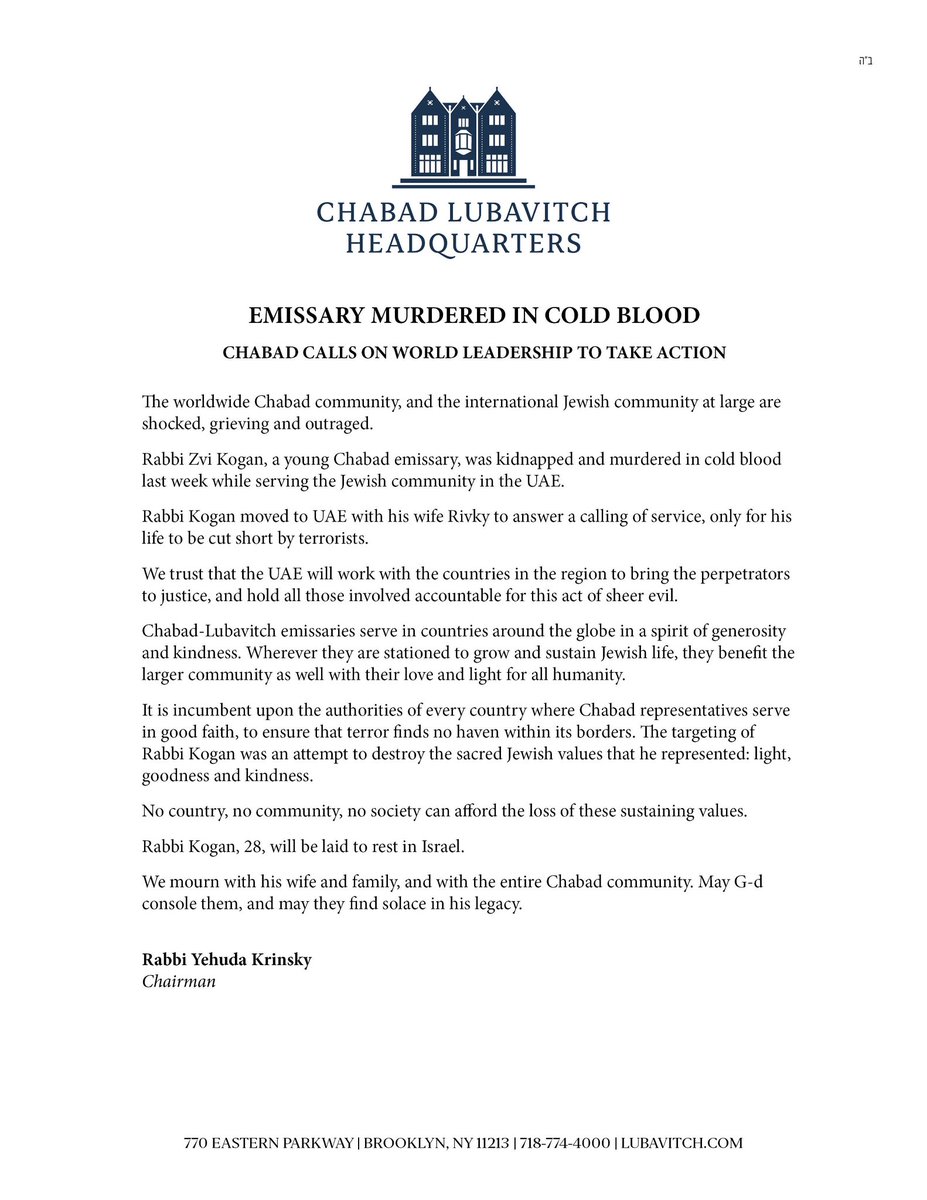 Lubavitch's tweet image. EMISSARY MURDERED IN COLD BLOOD

CHABAD CALLS ON WORLD LEADERSHIP TO TAKE ACTION

The worldwide Chabad community, and the international Jewish community at large are shocked, grieving and outraged.

Rabbi Zvi Kogan, a young Chabad emissary, was kidnapped and murdered in cold…