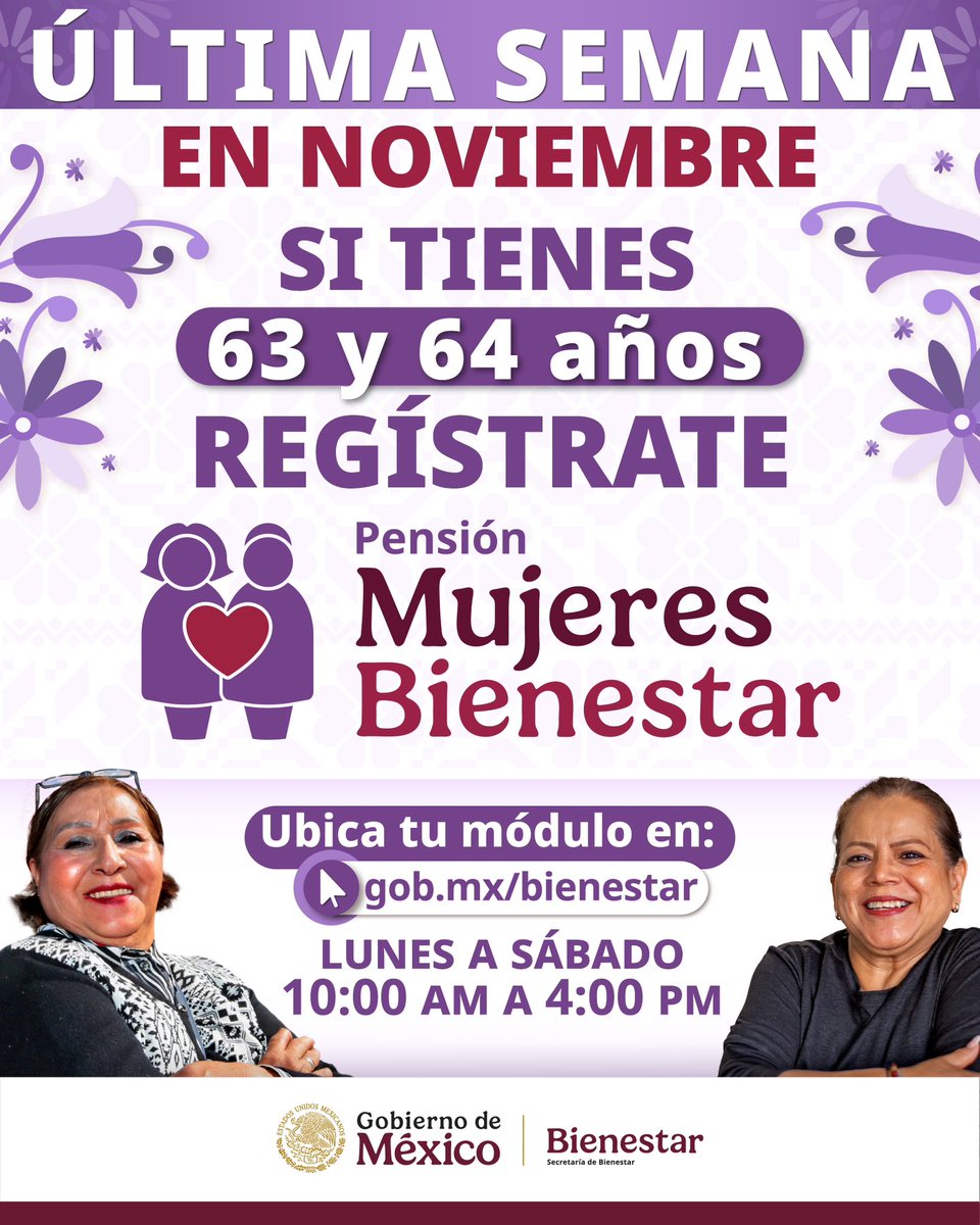 💜 #PensiónMujeresBienestar 💜

Si tienes entre 63 y 64 años, ¡apresúrate a registrarte en la #PensiónMujeresBienestar! Tienes el mes de noviembre para hacerlo.

Consulta el #MóduloBienestar que te corresponde en: gob.mx/bienestar

<a href="/Claudiashein/">Claudia Sheinbaum Pardo</a>
#HumanismoMexicano