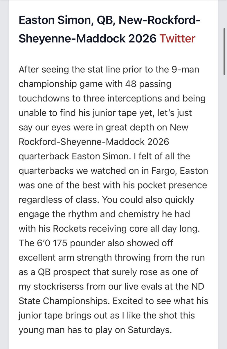 Thank you for the write up! <a href="/NWahlScouting/">Nate Wahl</a> <a href="/PrepRedzoneDAK/">Prep Redzone Dakotas</a>