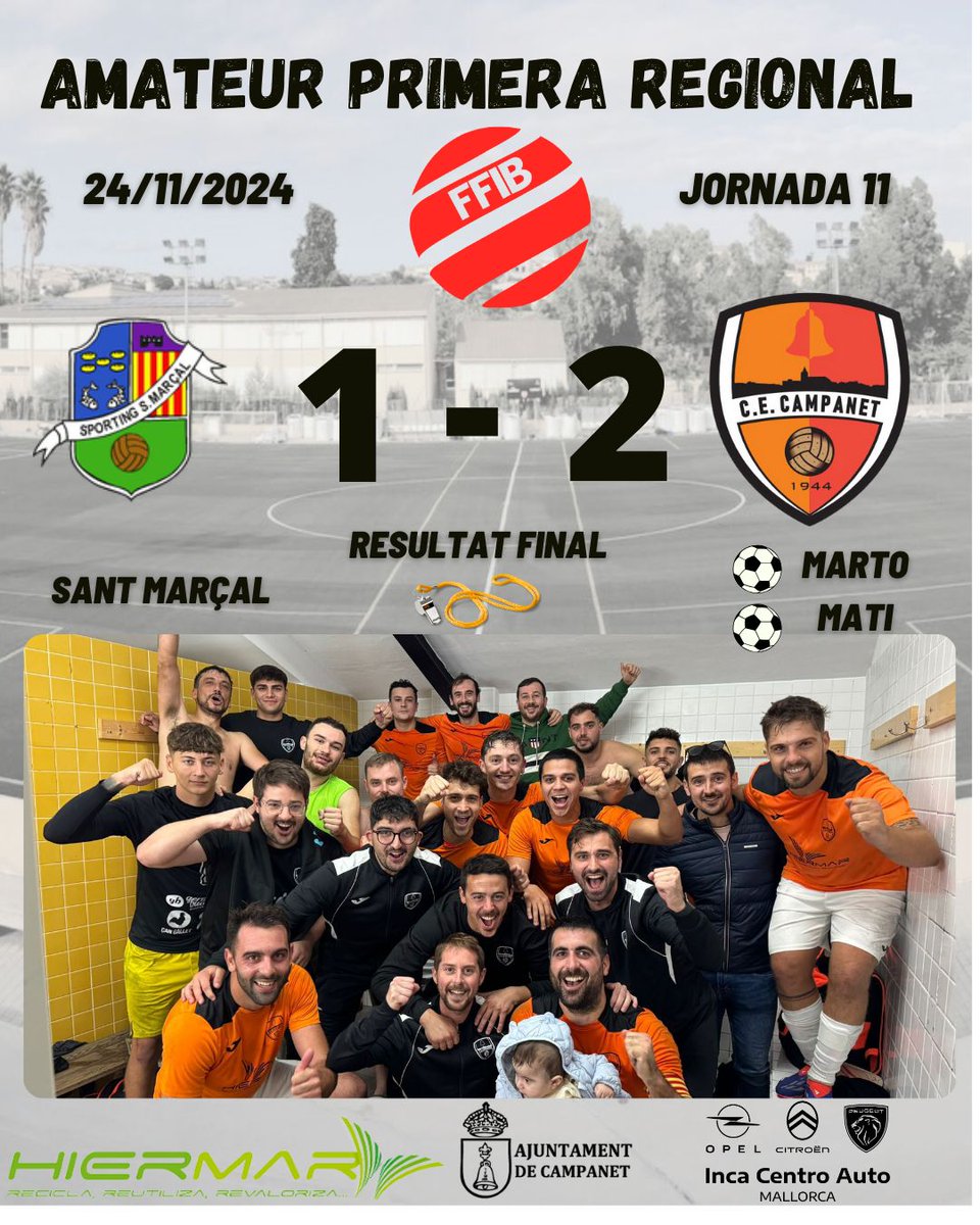 1a REGIONAL 🟠⚫
Gol, final i +3 🫶🏽
Tornam amb els tres punts de Sant Marçal. 
Un partit que s'ha decidit a la darrera jugada i que ha acabat amb el gol de Mati. 
Enhorabona equip 🙌🏽