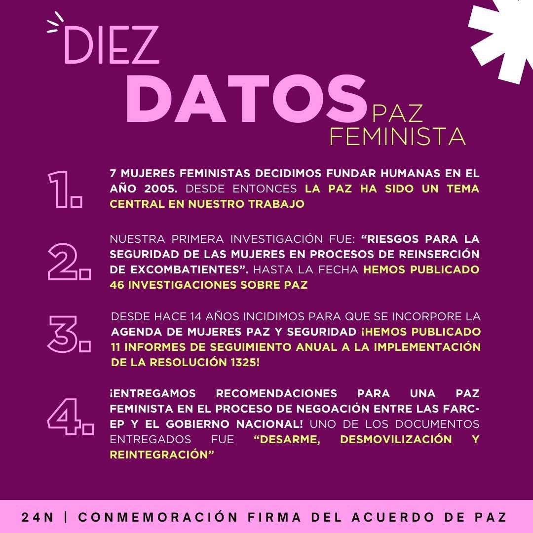 HumanasColombia's tweet photo. #24Nov24 A un año de cumplir 20 años de @HumanasColombia con su trabajo por una salida negociada al conflicto armado, insistimos en el derecho a la paz y a una vida libre de violencias. Con estos 10 datos, llamamos a incorporar la perspectiva de una paz feminista en el país ⤵️ https://t.co/rqzJyi0T8a