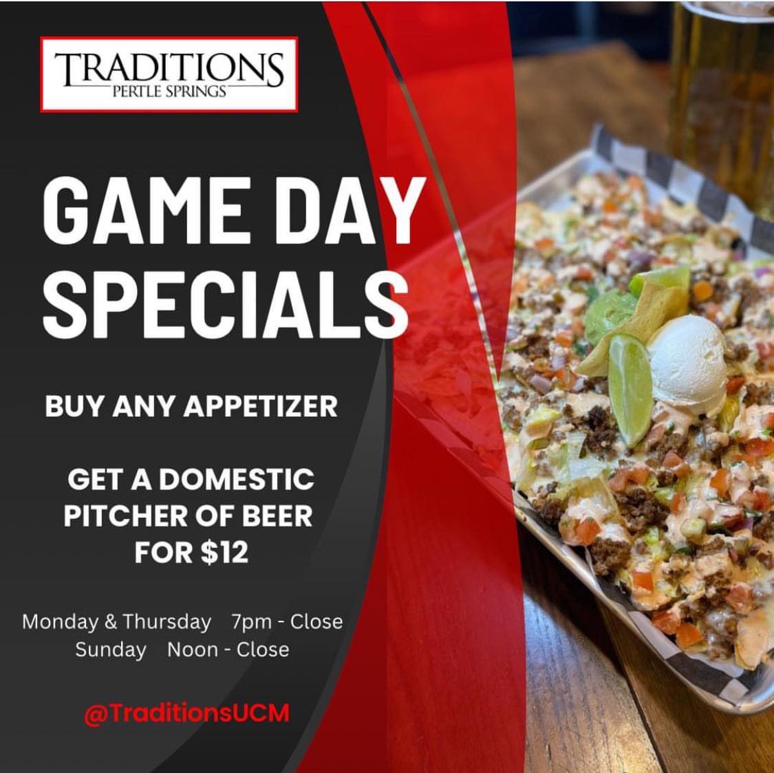 It’s almost game time… come out to Traditions to watch your favorite team. 🏈