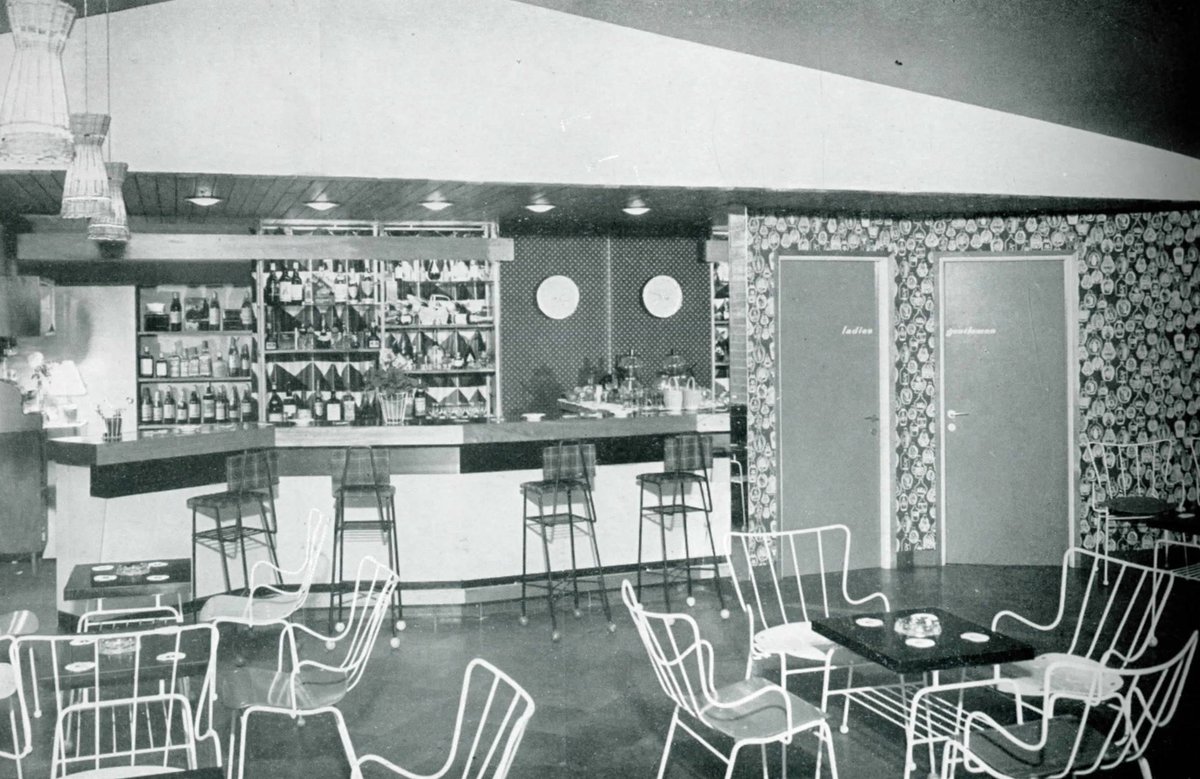 archiseek's tweet photo. Interiors by Hubert P. Banahan at The Punch Bowl, Booterstown, Co. Dublin circa 1954 #dublin #booterstown https://t.co/1UoeQCrwUF