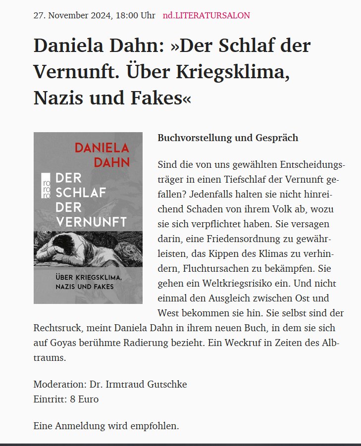 🔖Buchvorstellung Mittwoch, 27.11. 18:00 Uhr
Daniela Dahn: "Der Schlaf der Venunft. Über Kriegsklima, Nazis und Fakes"

🧭FMP1 - Münzenbergsaal
Franz-Mehring-Platz 1, 10243 Berlin

🔗nd-aktuell.de/termine/91287.…