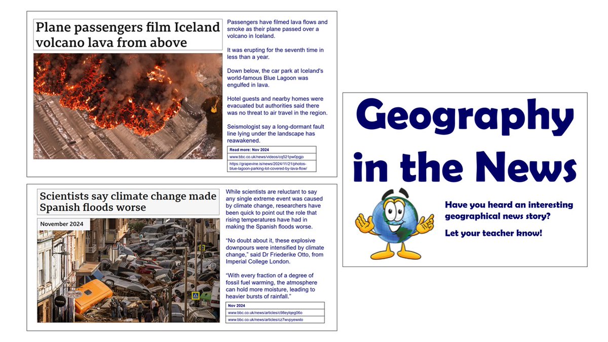 HeadofGeog's tweet photo. Geography in the news: Sharing here an updated display for 2024. Works well with each slide enlarged to A3. Link in pinned post. #teachers #geography #geographyteacher https://t.co/IOxDfsZco5