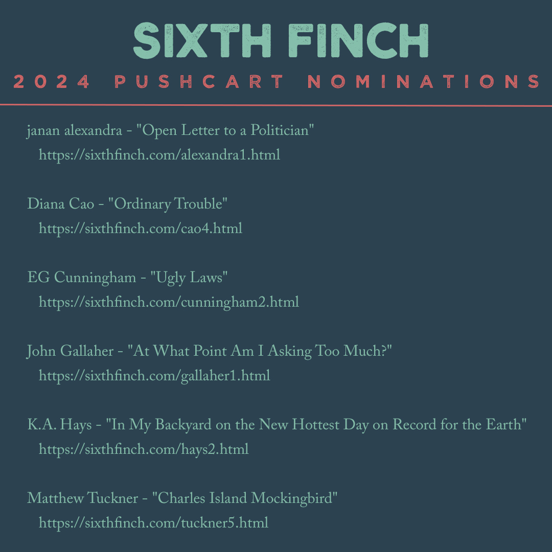 SixthFinch's tweet image. Happy to announce our Pushcart nominations. Congrats and thanks to janan alexandra @diana_cao @EGCunningham @jjgallaher1 K.A. Hays & @tuckner_matthew