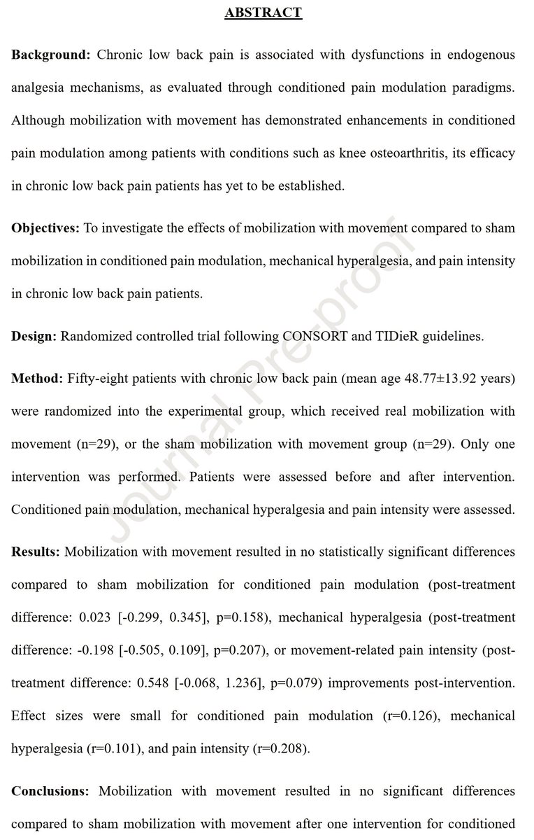 Effectiveness  of mobilization with movement on conditioned pain modulation,  mechanical hyperalgesia, and pain intensity in adults with chronic low  back pain: A randomized controlled trial.

sciencedirect.com/science/articl…