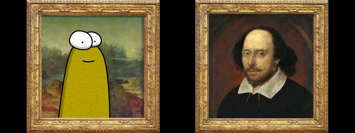 EmodusNFT's tweet photo. GM to fans of classic and cryptic stares 💛

On the left: Modus Lisa – no words, just looks.
On the right: Shakespeare – a master with words, but that gaze says it all. 🎭

Which speaks louder: words or looks?

Or drop your NFT and add your own twist! 👇💛🤘

#ModusLisa #EmodusNFT #Shakespeare #ShillYourNFT #NFTArt
