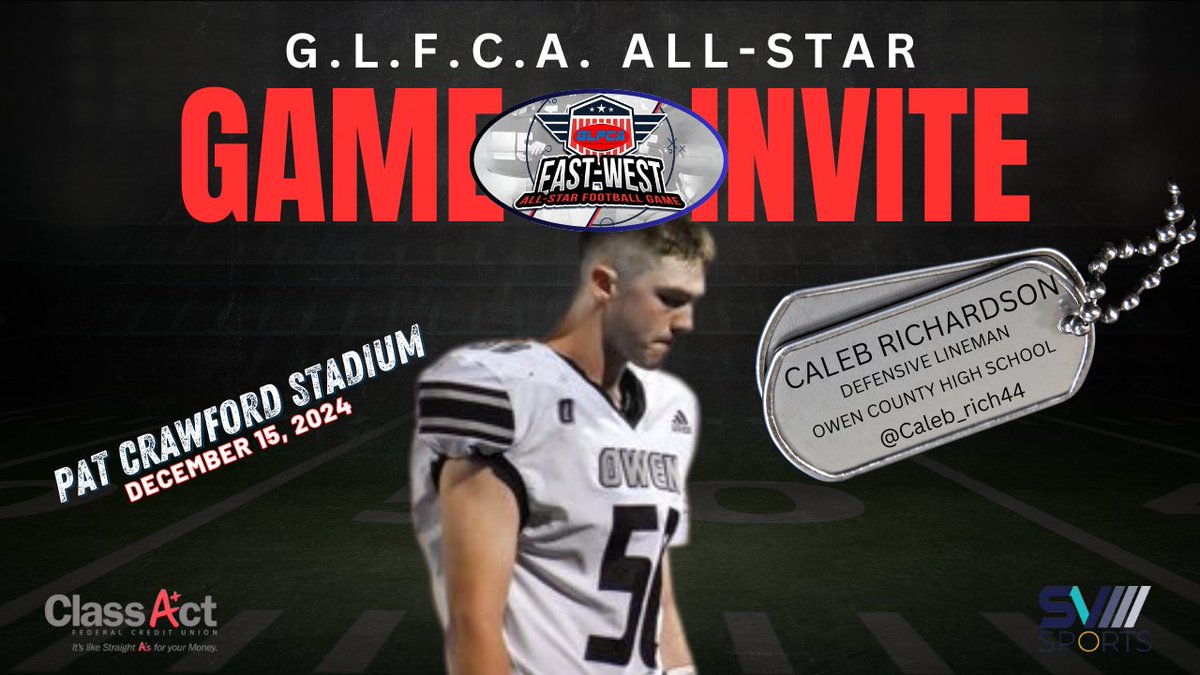 🚨<a href="/GLFCA1/">GLFCA</a> EAST VS. WEST ALL-STAR FOOTBALL GAME🚨
DATE: DECEMBER 15, 2024
LOCATION: <a href="/Ballard_Bruins/">Ballard Bruin Athletics</a> (LOUISVILLE, KY)

☆Congrats to DL <a href="/Caleb_rich44/">Caleb Richardson</a> of <a href="/Rebels_OCFB/">Rebels Football</a> on his OFFICIAL INVITE to the 2024 GLFCA East vs. West All-Star Football Game☆

*FURTHER DETAILS SHARED LATER*