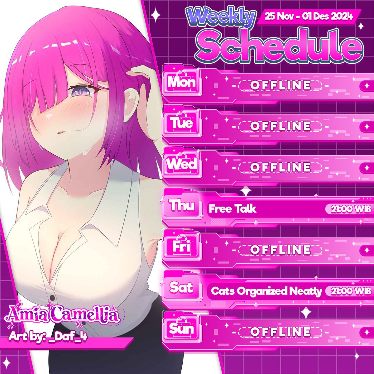 AmiaCamellia's tweet photo. 🌸Schedule 25 Nov - 01 Des 2024🌸
🕵♀️【HASHTAG 】🕵♀️
General : #AmiaCamellia
Live : #AmiaLive
Meme : #AmiMeme
FanArt : #AmiaArt
Announcement : #AmiaNews
Fanname : Amimir
Fanmark : 🪪 https://t.co/I7090RMJqI