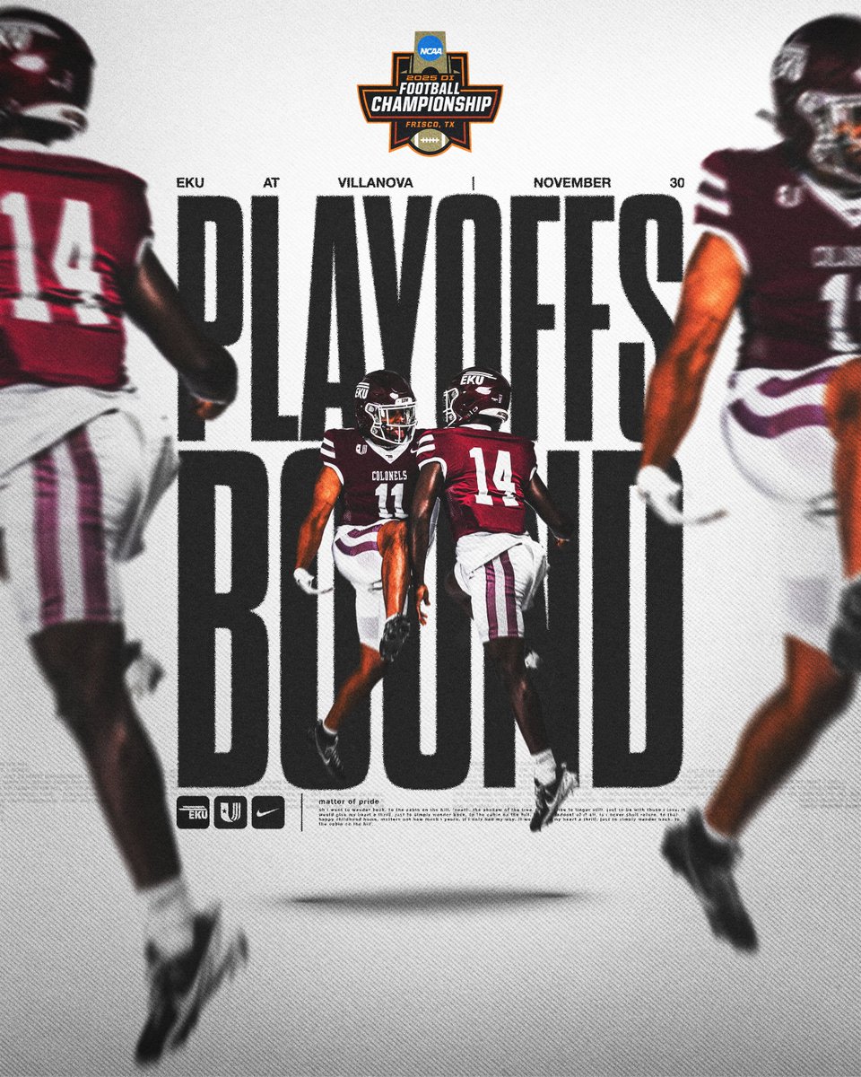 📍𝐍𝐄𝐗𝐓 𝐒𝐓𝐎𝐏: 𝐏𝐋𝐀𝐘𝐎𝐅𝐅𝐒

The Colonels have made the FCS Playoffs for the 23rd time in program history!

We will travel to PA to face the Wildcats of Villanova on Saturday, Nov. 30 at 2 p.m.!

#E2W | #MatterOfPride