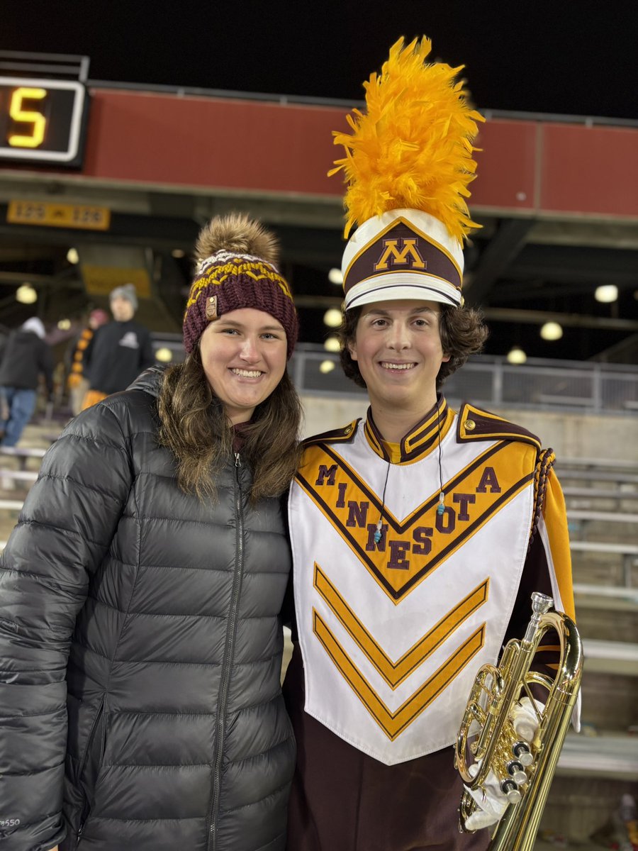 Always a fun time watching the oldest doing what he loves with the UMN Marching Band! Gophers lose by 1, but the Band Always Wins!