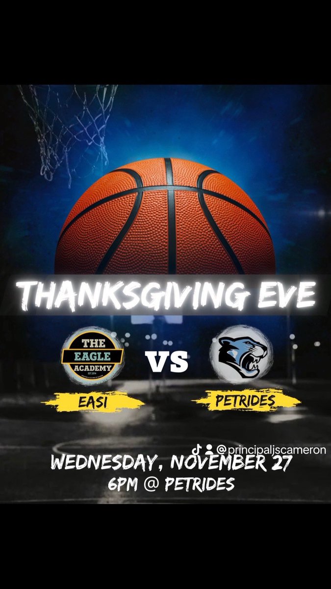 EagleAcademySI (@eagle_staten) on Twitter photo 🏀 Thanksgiving Eve Basketball Showdown! 🦅 vs. 🐾
📅 Wed., Nov. 27 | 🕕 6 PM
📍 Petrides High School
Bring the heat and the hype for an unforgettable game! 🔥
#ThanksgivingHoops #EagleAcademy 🏀 Thanksgiving Eve Basketball Showdown! 🦅 vs. 🐾
📅 Wed., Nov. 27 | 🕕 6 PM
📍 Petrides High School
Bring the heat and the hype for an unforgettable game! 🔥
#ThanksgivingHoops #EagleAcademy