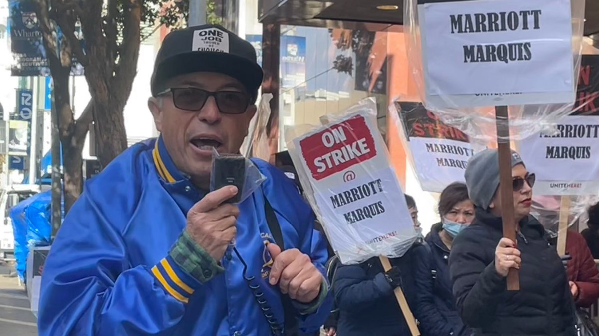 UniteHereL2's tweet photo. We clean the rooms.

We cook the food.

We carry the bags.

But not today. 

Hotel workers at the San Francisco Marriott Marquis are ON STRIKE until @Marriott agrees to let us keep our health care, fix our workloads, and give us pay that our families can live on. https://t.co/3B0lwsQ8qR
