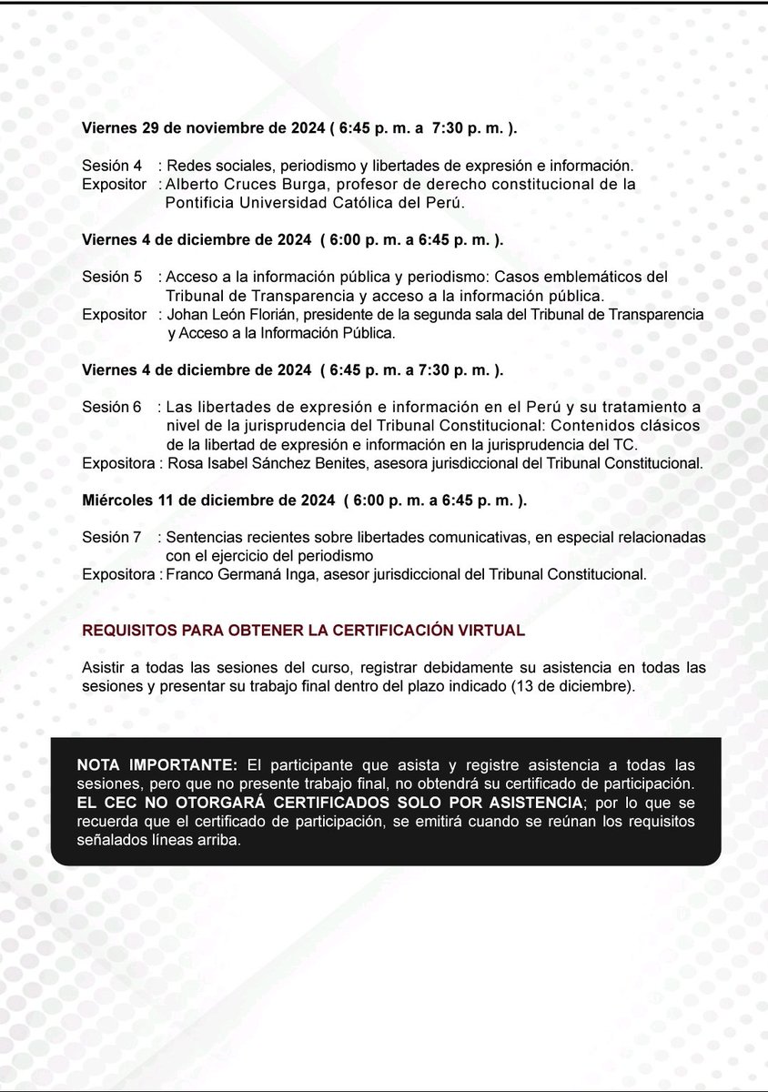 jmsosasacio's tweet photo. ... los alcances y límites de la libertad de expresión, así como los criterios jurisprudenciales más útiles sobre la materia emitidos por el @TC_Peru. 

El curso será certificado, y la inscripción es libre y gratuita. Les comparto el programa abajo👇🏾👇🏾👇🏾 ¡Nos vemos! (2/2) https://t.co/ionx9FEuuf