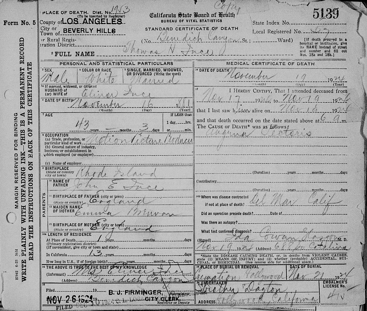 ReelNatives's tweet photo. #ThomasHInce Death Certificate. Died at home 11.19.1924 of angina pectoris after that boisterous party 11.16.1924 on Hearst's yacht.
@ClassicMovieHub @100YearsAgoLive @mariobianchi18 @selfstyledsiren @momsfilms @zinjanthropus64 #TCMParty #ThomasInce #SilentMovies @TomDohertyfilm https://t.co/bxaf873xyQ
