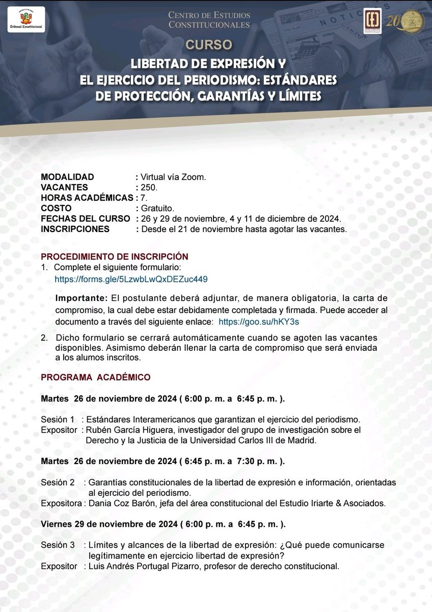 jmsosasacio's tweet photo. ... los alcances y límites de la libertad de expresión, así como los criterios jurisprudenciales más útiles sobre la materia emitidos por el @TC_Peru. 

El curso será certificado, y la inscripción es libre y gratuita. Les comparto el programa abajo👇🏾👇🏾👇🏾 ¡Nos vemos! (2/2) https://t.co/ionx9FEuuf