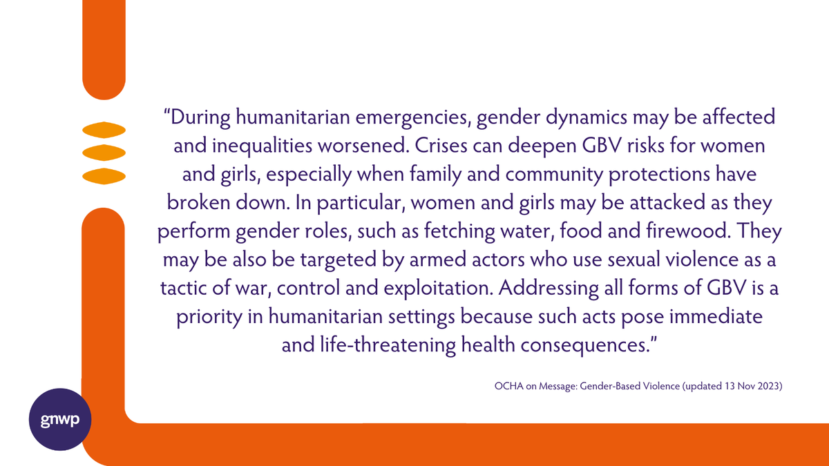 On Day 3⃣ of #16Days 🟠, GNWP underscores that humanitarian settings can exacerbate sexual + gender-based violence-related risks🚫.

🔴 The <a href="/WPSHACompact/">WPS-HA Compact</a> is key to effectively✅ responding to #GBV in crisis settings by realizing existing commitments on #WPS + humanitarian action