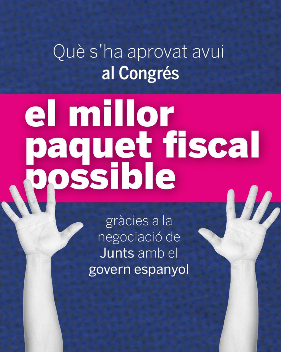 🔴📣 Què s’ha aprovat avui al Congrés?

💯 El 100% de l’acord de <a href="/JuntsXCat/">Junts per Catalunya🎗</a>: paquet fiscal que beneficia els ciutadans de Catalunya

✅ Rebaixa fiscalitat a pimes i ciutadans

✅ Inversió industrial i descarbonització

✅ Llocs de treball

✅ Protecció per incapacitat permanent