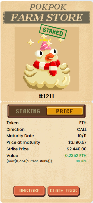 PumptyMcDumpty's tweet photo. $750 Profit on a Call! (1 of 2 minted) has farmed 2,045 $Pegg since staked on 11/10!! π£π°π£
@pokpok_io #CluckToEarn https://t.co/cqG9KLu4kT