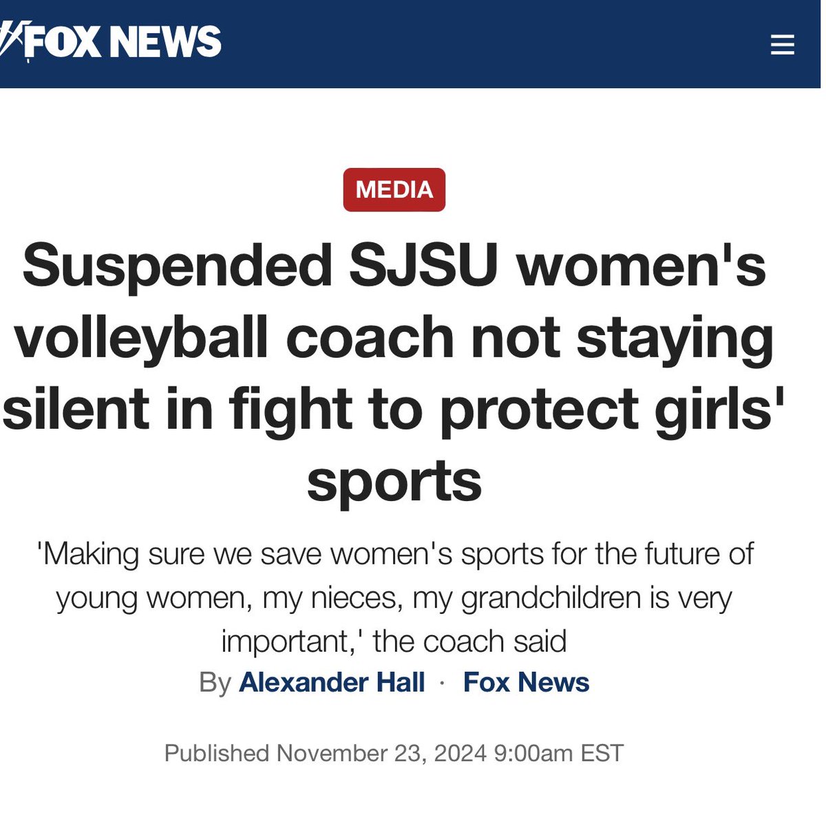 Anyone thinking this whole men in women’s sports thing is over… 

<a href="/BatieSmoose/">Melissa Batie-Smoose</a> was suspended and from her job as asst coach of women’s volleyball at <a href="/SJSU/">San José State University</a> for speaking out on the matter. The university continues to threaten her with being fired if she continues to speak out.