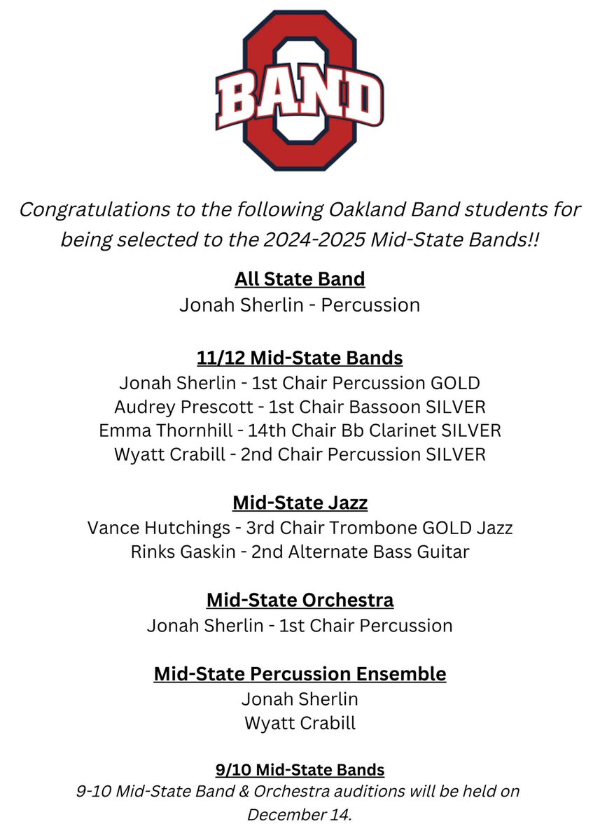 Congratulations to all that auditioned! 

11-12 Band &amp; Orchestra + 9-12 Jazz Mid-State audition results!!