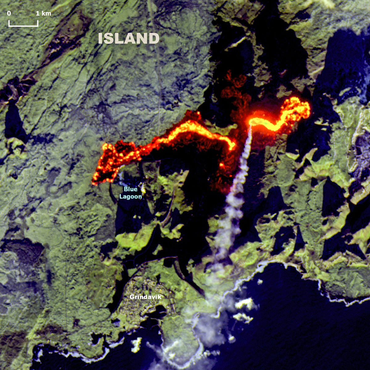 🔴⚠️🌋🇮🇸The evolution of the #eruption in #Iceland has slowed down,but lava keeps flowing and it has extended for almost 5km in W direction,reaching the #bluelagoon close to hot water infrastructure. Urgent works are ongoing to protect it. Here the latest #Landsat 9 📸 #Volcano
