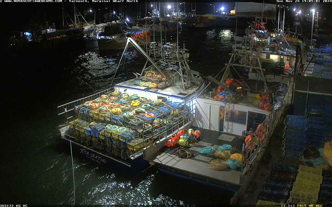 Lobster boats 🦞, crews and traps wait in Yarmouth for Dumping Day!  A call will be made Monday if the season kicks off Tuesday after delays due to weather.  Winds must blow less than 26 knots for kickoff.

Fair winds, a good catch, and following seas to crews this season. 🛥️🎣