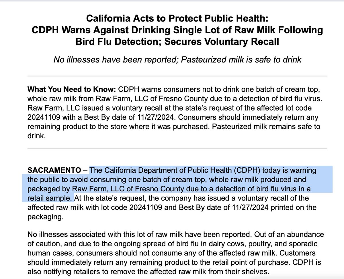 .<a href="/CAPublicHealth/">California Department of Public Health</a> reports finding #H5N1 #birdflu virus in raw milk. The producer, Raw Farm LLC of Fresno County, has agreed to recall a batch of a whole milk product called "cream top." 
Milk from infected cows contains staggering levels of virus. statnews.com/2024/04/29/bir…