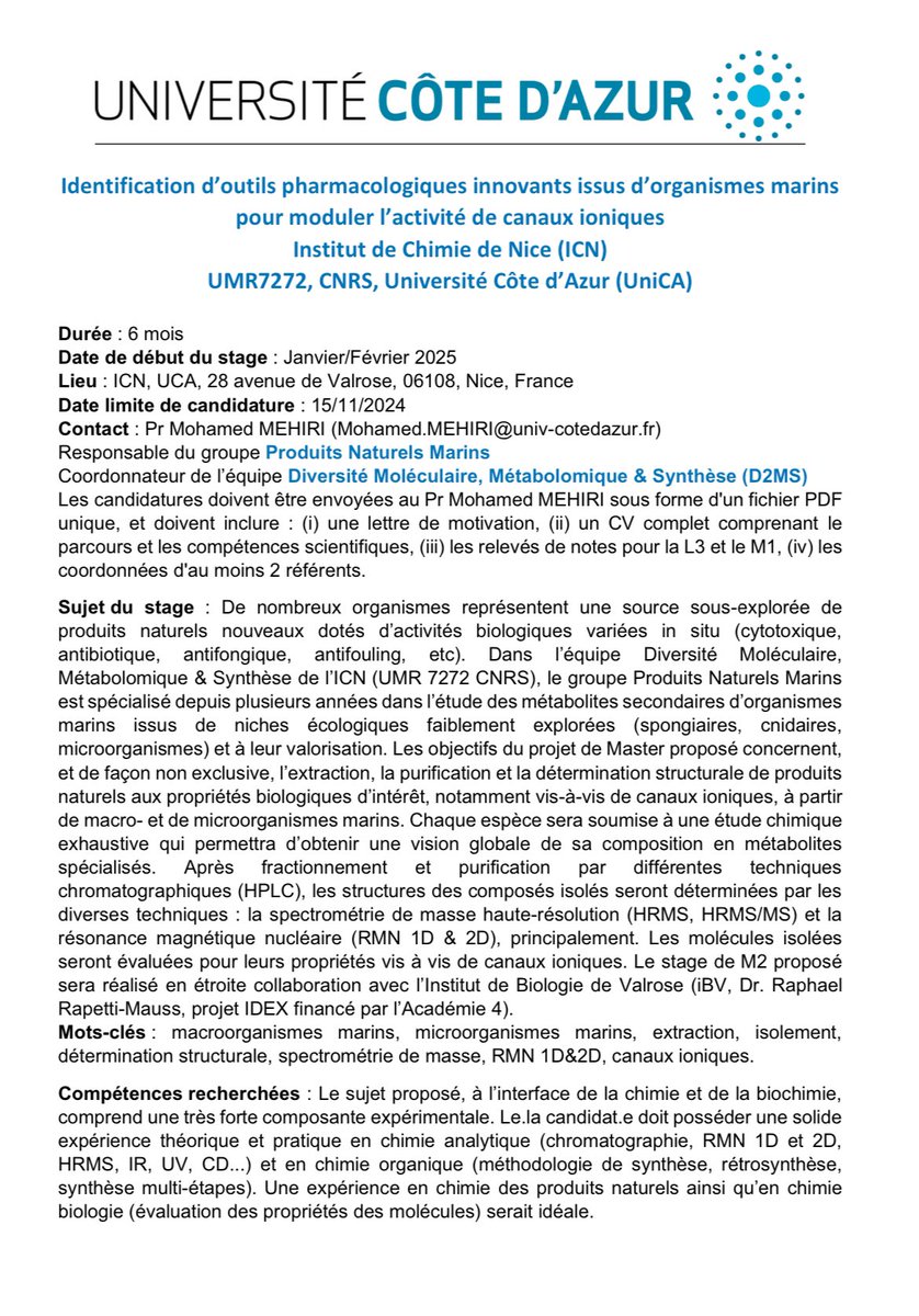 Paula Ferreira Montenegro (@paula_ferreiram) on Twitter photo đŹđ Une opportunitĂ© passionnante en chimie des produits naturels marins ! đŹđ
đ Stage Chimie des Produits Naturels Marins
đ Lieu : Institut de Chimie de Nice (ICN), UMR7272, UniversitĂ© CĂŽte dâAzur, Nice
đ°ïž DurĂ©e : 6mois
đ
Début : Janvier 2025
đ§ Contact : <a href="/mehiri_group/">M. Mehiri Research Group (Marine Natural Products)</a> đŹđ Une opportunitĂ© passionnante en chimie des produits naturels marins ! đŹđ
đ Stage Chimie des Produits Naturels Marins
đ Lieu : Institut de Chimie de Nice (ICN), UMR7272, UniversitĂ© CĂŽte dâAzur, Nice
đ°ïž DurĂ©e : 6mois
đ
Début : Janvier 2025
đ§ Contact : <a href="/mehiri_group/">M. Mehiri Research Group (Marine Natural Products)</a>