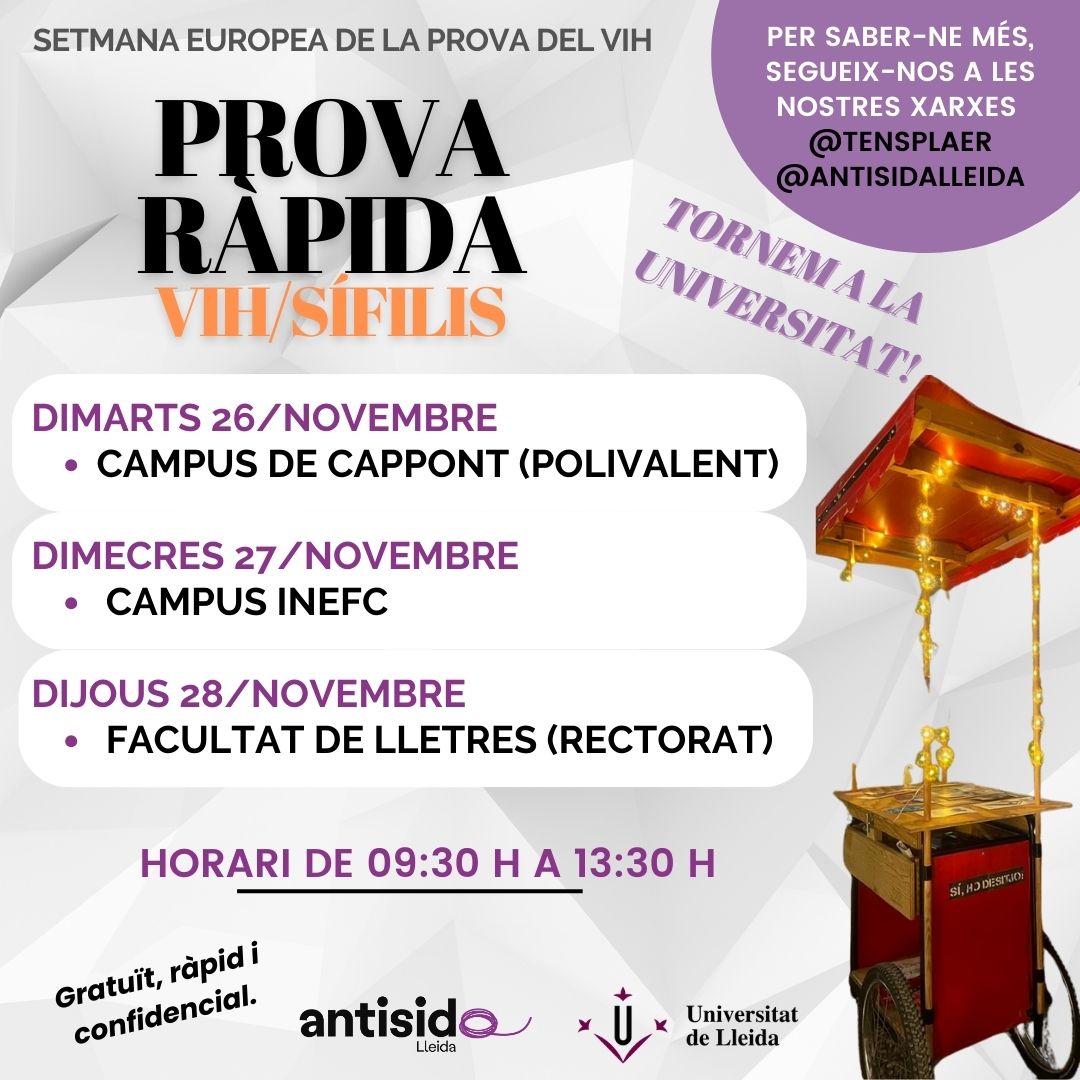 antisidalleida's tweet photo. Setmana Europea de la Prova del VIH
Tornem a la Universitat!
🗓️ 26-28 novembre
🕘9.30 a 13.30h
Busca'ns i fes-te la prova!
#AntisidaLleida #provaVIH #setmanaprovavih https://t.co/AoP2GHSacQ
