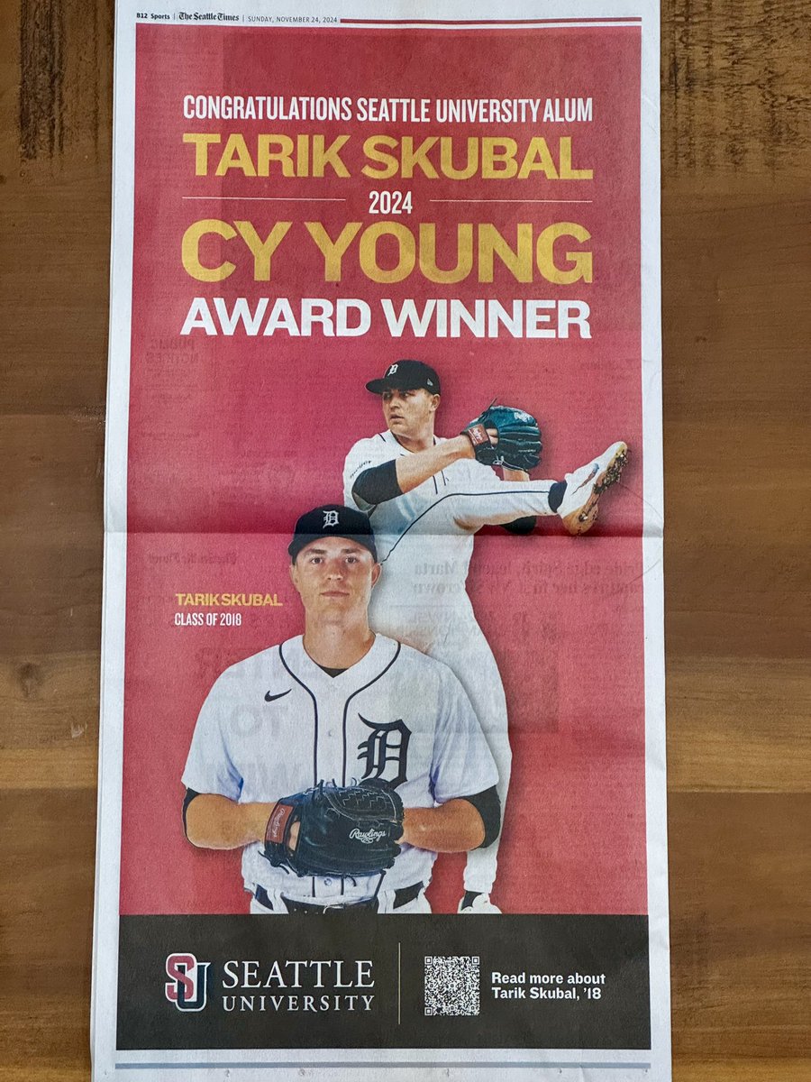 paulbarrett6's tweet photo. Seattle University takes out a full-page ad in today’s Seattle Times to congratulate @TarikSkubal after winning the AL Cy Young Award. https://t.co/bYB8qR0Uby