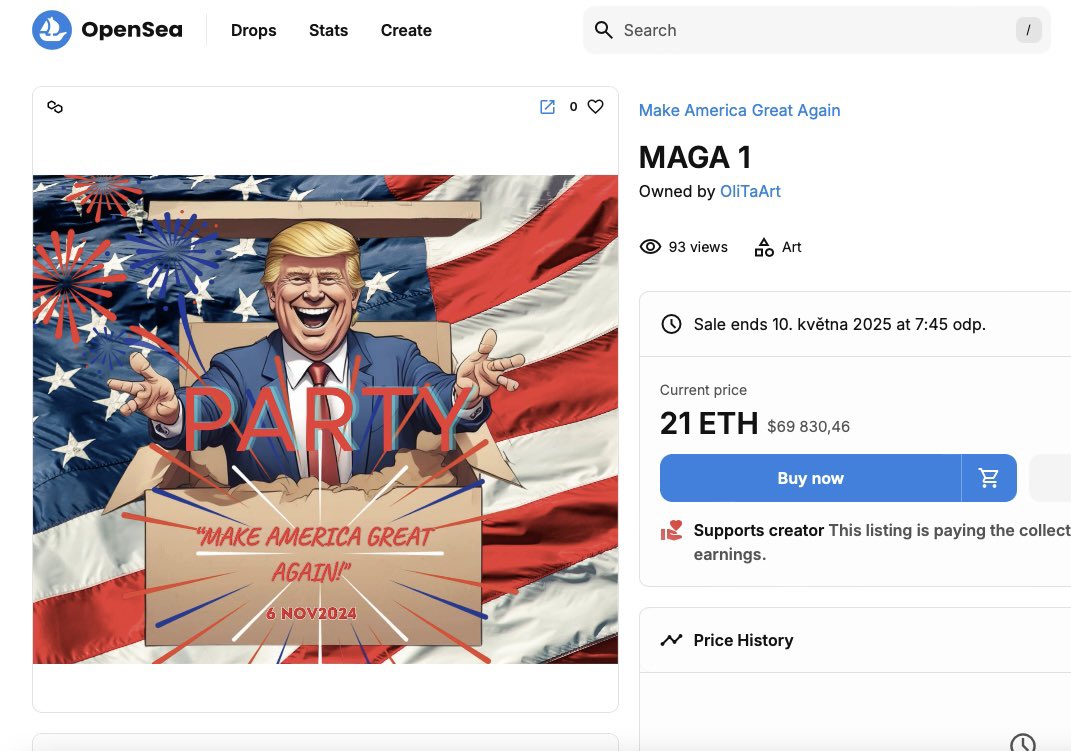 Limited collection features images from my animation 'MAGA1,' on sale for 21ETH. The journey begins  Nov 7, with the first image of 'MAGA 1,'  priced at $57,142.05 The next day the price jumped to $62,299.86! Kook what the price is today!😮
#NFT #CryptoArt #Elections2024 #Trump